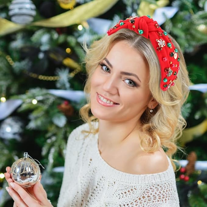 TODDER Red Christmas Knotted Headband, Santa Trees Embellished Pearl Rhinestone Headband for Women and Girls Christmas Hair Accessories Costumes and Gifts for Themed Parties and Holiday