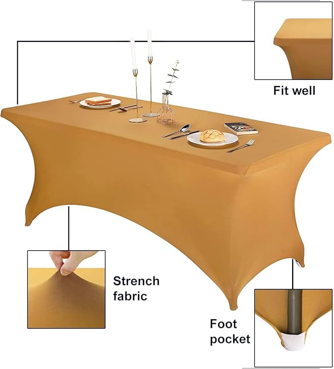 FORLIFE 8FT Rectangular Spandex Tablecloth, Gold, Universal Fitted Table Cover for Wedding, Banquet, Party, Wrinkle Resistant, All-Season, Reusable, Washable