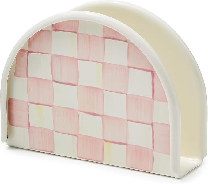 MACKENZIE-CHILDS Enamel Napkin Holder, Kitchen Napkin Holder for Table and Countertop, Pink-and-White Rosy Check