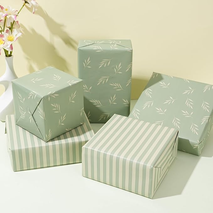 ZINTBIAL Reversible Gift Wrapping Paper Roll - Light Green Background with Beige Leaves - Green Stripe Design - for Birthdays,Weddings,Baby Showers,Mother's Day,Christmas - 17.5" x 33' (48 sq. ft.)