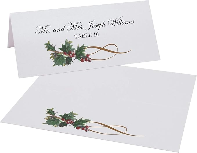Christmas and Holiday Holly Swirl Place Cards, Set of 25, Pre-cut and Scored - Wedding, Party, Dinner, and Special Events - Made in the USA