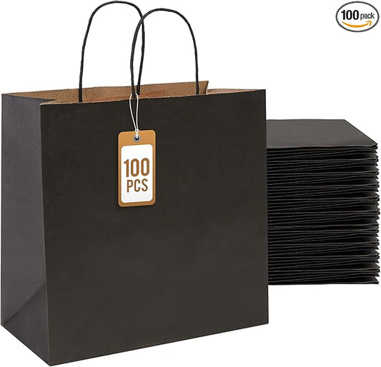 PAICUIKE 100Pcs Black Kraft Bags with Handles, 11x6x11 Inch Square Gift Bags for Retail, Shopping, Party Favors, Father’s Day, Events & Small Business | Sturdy & Versatile