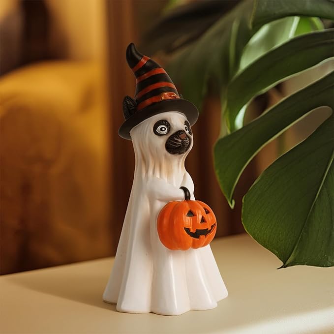 Halloween Decorations Halloween Ghost Figurine, Sculpted Hand-Painted Cat Figurine Gift, Ghost Figurines for Home, Office, Desk Decor, Cute Ghost Decor Home Decor Indoor (White-Orange)