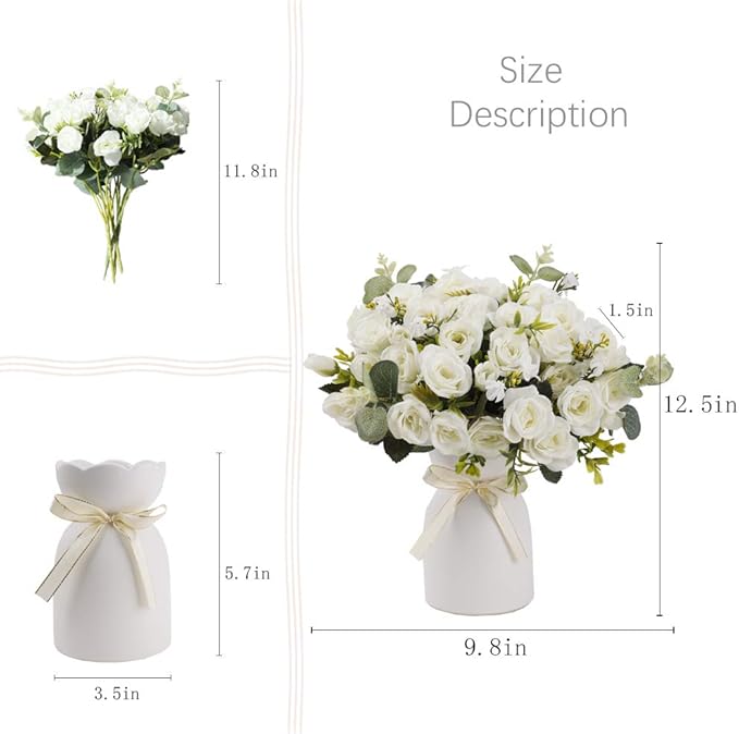 LESING Artificial Silk Rose with Vase Fake Flowers Wedding Flowers Bouquets Arrangement Home Office Party Centerpiece Table Decoration (White)