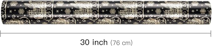 WRAPAHOLIC 30 Inch Jumbo Reversible Black and Gold Christmas Wrapping Paper - 30 Inch x 100 Feet Jumbo Roll Black Gold Sleigh and Stripe Wrapping Paper with Metallic Foil for Christmas, Holiday, Party