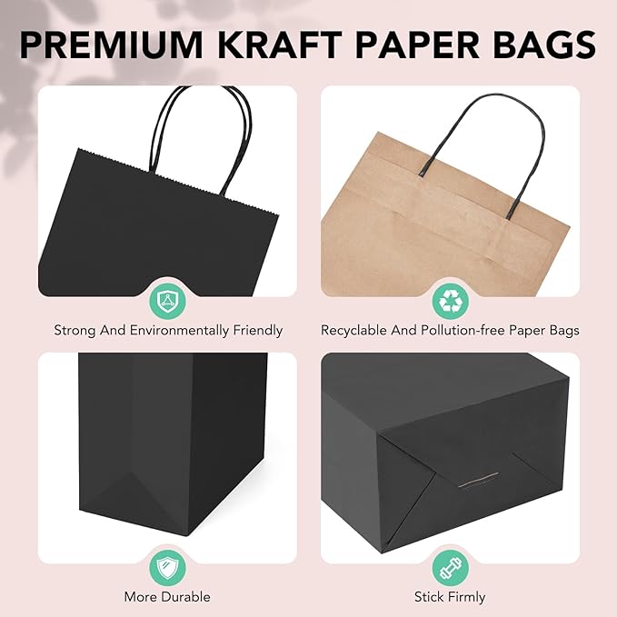 METRONIC 100 Pack 5.25x3.75x8 Small Black Gift Bags, Kraft Paper Bag with Handles, Shopping Bags for Small Business, Boutique, Gift Wrap Bulk