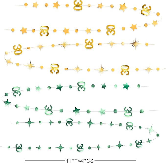 Sage Green Gold 30th Birthday Decorations Number 30 Circle Dot Twinkle Star Garland Streamer Banner Backdrop for Womens Cheers to 30 Years Old Dirty Thirty Happy 30th Anniversary Party Supplies