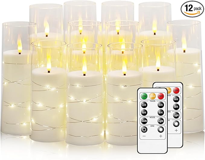 Flameless Candles with Embedded Star String, 12 Pcs Battery Operated LED Pillar Candles with Remote and Timer, Suitable for Home Decor, Party, Christmas & Wedding (White)