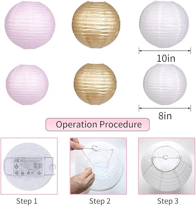 Pink Gold Party Decorations, Pink Gold Paper Lanterns and Pom Poms Flowers for Birthday Party Baby Showers Engagement Tea Party Decor 15PCS