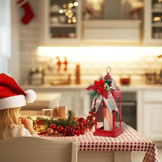 DECORKEY Christmas Decorations, 18” Metal Christmas Lantern with LED Candle and Floral Accents for Home Decor, Decorative Hanging Candle Holder Indoor Outdoor for Table Centerpieces, Porch, Patio