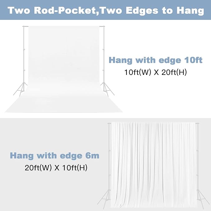 10X20ft White Photo Backdrops for Photography, LCUIRC Two Rod Pocket Backdrops Curtain for Parties, Polyester Background with 4 Clamps for Product Protrait Photoshoot or Parties Decoration