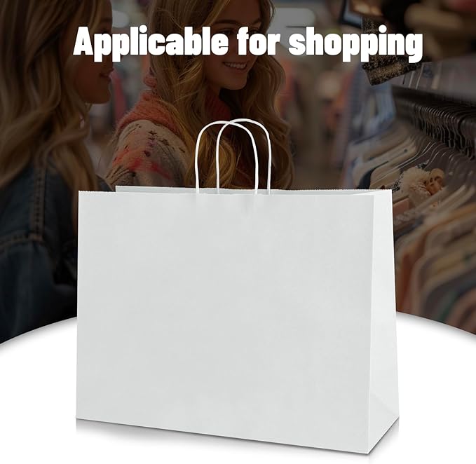 bagmad 100 Pack 16x6x12 Inches Large White Kraft Paper Bags with Handles Bulk for Shopping Wedding Grocery Retail Merchandise Business Craft Gift Bags(100 Count)