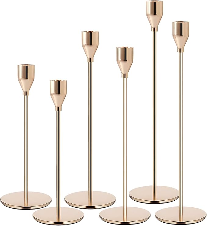 Gold Candlestick Holder French Gold Candle Holders for Table Centerpieces, Wedding, Party, Fits 3/4 inch Candles, Metal Taper Candle Sticks Holders Decor for Dinner, Home Decor (Set of 6)