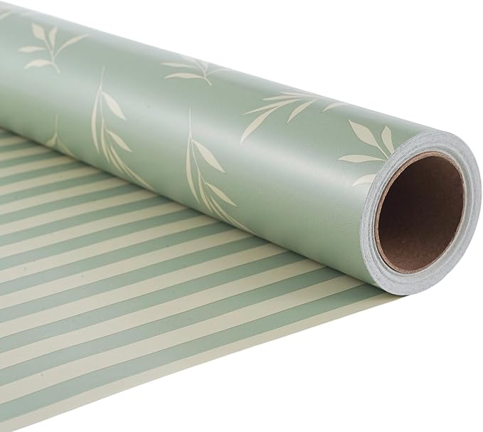 ZINTBIAL Reversible Gift Wrapping Paper Roll - Light Green Background with Beige Leaves - Green Stripe Design - for Birthdays,Weddings,Baby Showers,Mother's Day,Christmas - 17.5" x 33' (48 sq. ft.)