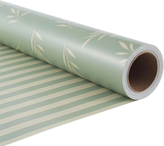 ZINTBIAL Reversible Gift Wrapping Paper Roll - Light Green Background with Beige Leaves - Green Stripe Design - for Birthdays,Weddings,Baby Showers,Mother's Day,Christmas - 17.5" x 33' (48 sq. ft.)