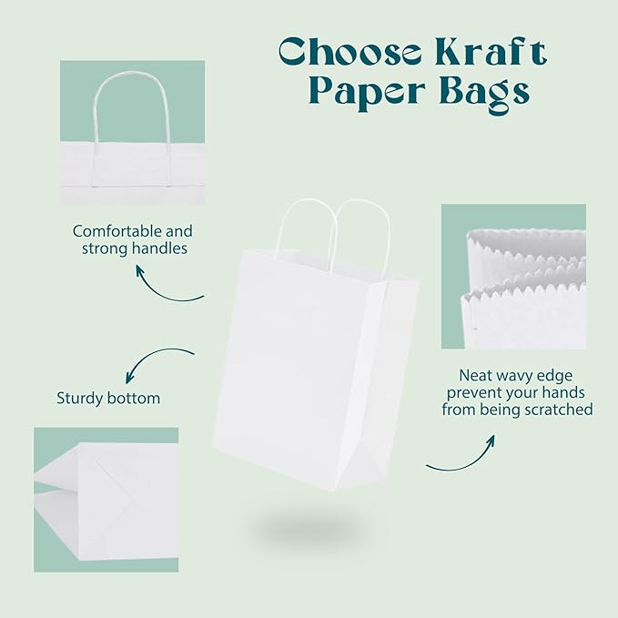 MESHA White Paper Gift Bags 8x4.25x10.5 Inch with Handles 50Pack, Recycled Kraft Shopping Bags Bulk for Business Grocery Birthday Wedding Kids Party Favors Retail