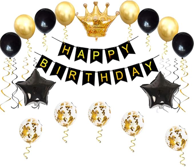 Birthday Party Decorations KIT - Happy Birthday Banner, Gold Crown Balloon Gold and Black Latex Balloons, Perfect Party Supplies