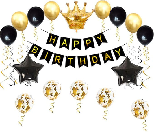 Birthday Party Decorations KIT - Happy Birthday Banner, Gold Crown Balloon Gold and Black Latex Balloons, Perfect Party Supplies
