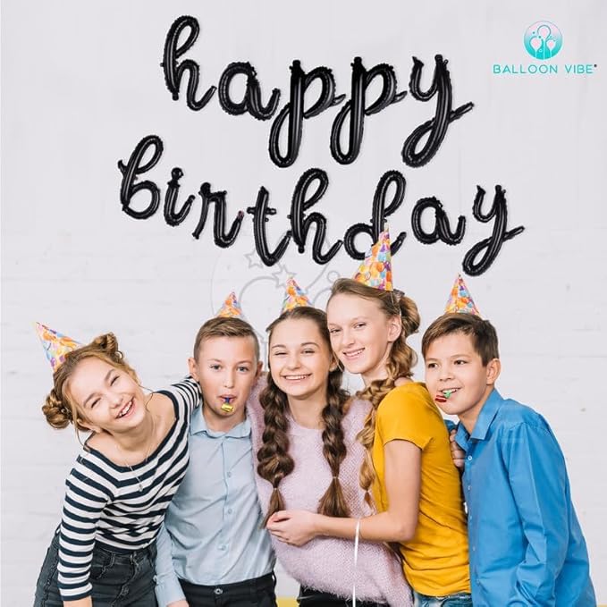 BALLOON VIBE Happy Birthday Balloon Banner - Black 16 Inch Cursive Mylar Foil Letters Happy Birthday Banner for Decor - Balloons Letters Sign with 4 Straws & Ribbon Roll