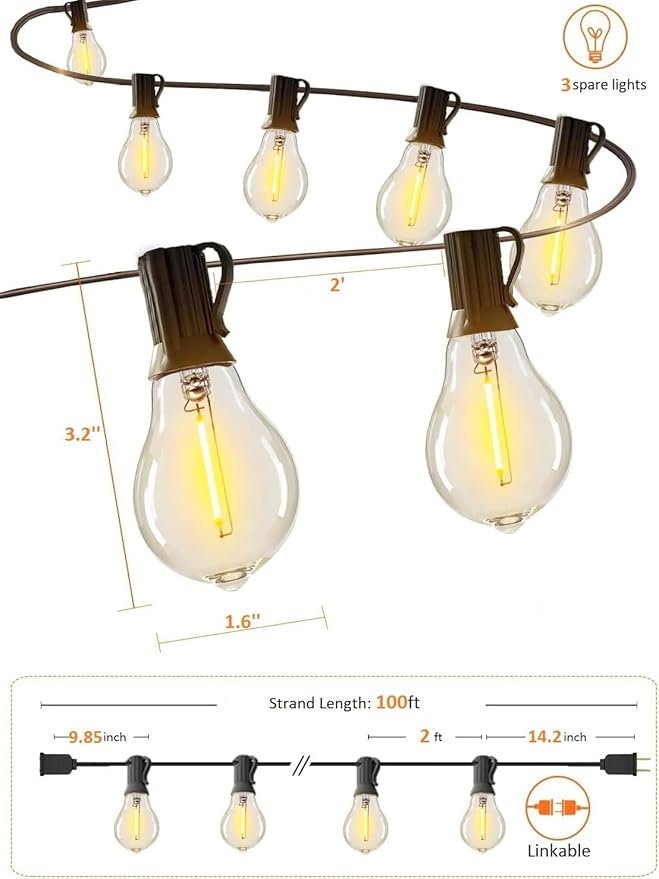 Outdoor String Lights 100 ft for Outside String Lights with 50+3ea A39 Shatterproof Warm Lights for Bistro Lights Outdoor Patio Pergola Backyard Linkable