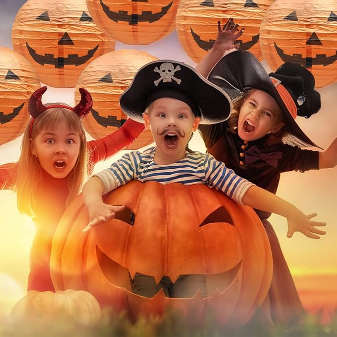 Mudra Crafts Hanging Pumpkin Lanterns Outdoor Indoor Jack-o’-Lantern Halloween Decorations, 12-Inch Orange Spooky Paper Lantern Lamps for Halloween Party Decor, Set of 10