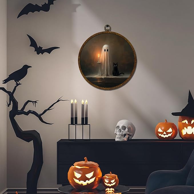 Funny Halloween Ghost and Black Cat Round Wall Art,Gothic Canvas Wall Hanging Decor, Spooky Farmhouse Vintage Round Wall Art for Bedroom Living Room Entryway, Rustic Ghost Gothic Wall Decor,Gift for Halloween 10x10Inch (Dark-Ghost02)