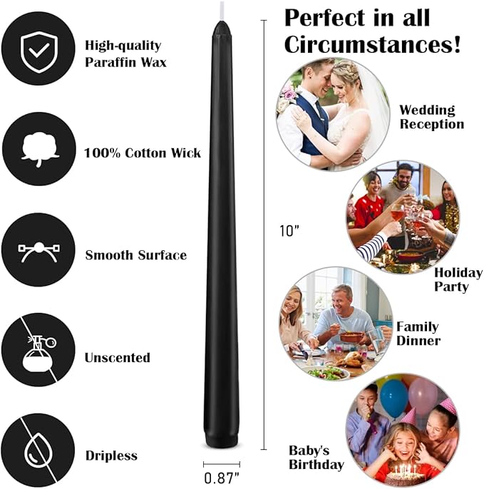 Set of 4 Black Taper Candles, Unscented Dripless 10 Inch Tall Candlesticks for Halloween Dinner Wedding Party Home Decor - 8 Hour Burn