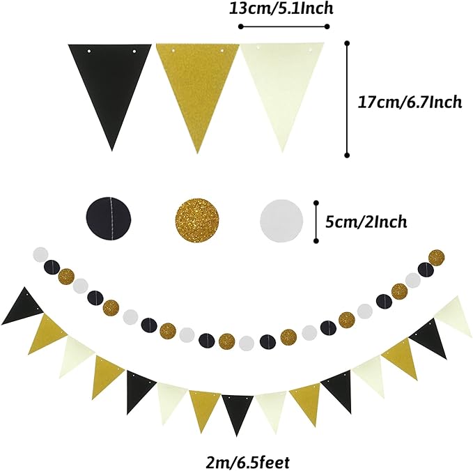 ZERODECO Gold and Black Party Decorations, Hanging Paper Fan Pom Poms Pennant Garland String Banner Fringe Curtains Birthday Parties Graduation Wedding Happy New Year Eve Party Decorations
