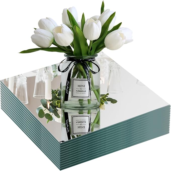 Square Glass Mirror Centerpieces, 12Pcs 12" Mirror Centerpieces for Tables, Glass Trays for Wedding Decorations, Parties, Baby Shower
