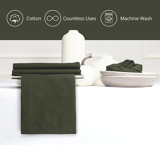 PurpleEssences Set of 6 Cloth Dinner Napkins 100% Cotton 18x18 Inch - Soft Durable Washable - Ideal for Farmhouse Party Christmas Holiday Winter - Perfect Everyday Use Table Linen - Olive Green