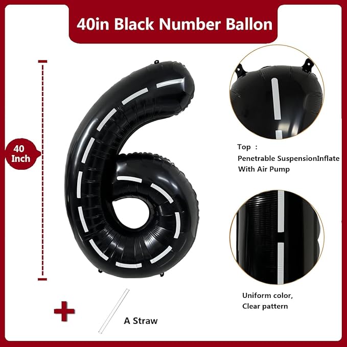40 Inch Race Car Black Number Balloons Race Car Birthday Party Balloons Large Black Number 6 Balloons Boys 6th Birthday Party Race Car Theme Party Decorations Supplies（Digital 6）