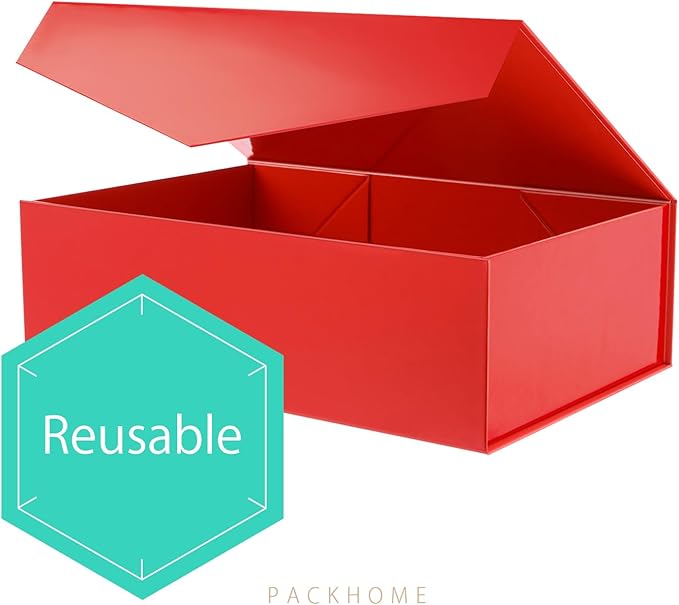PACKHOME Large Christmas Gift Box with Lid 13.5x9x4.1 Inches, Sturdy Collapsible Gift Box with Magnetic Closure for Xmas (Glossy Red)
