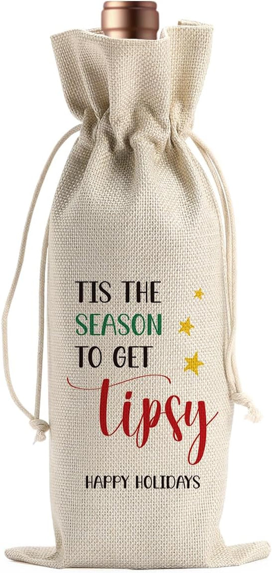 Funny Christmas Wine Bags for Wine Bottles Gifts Christmas Wine Bottle Cover Drawstring Gift Bags Tis The Season to Get Tipsy Burlap Wine Bag for Xmas Holiday Housewarming Party Decorations