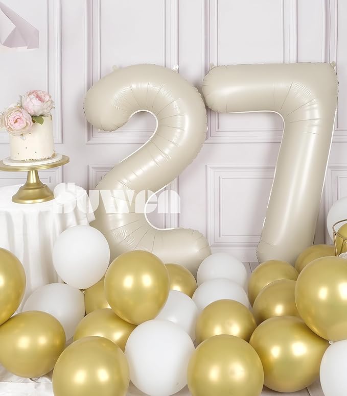 SUWEN 40 Inch Large Cream White 27 Balloon Numbers Big Foil Helium Number Balloons 0-9 Jumbo Happy 27th Mylar Birthday Party Decorations for Women or Men 72 Anniversary Party Supplies