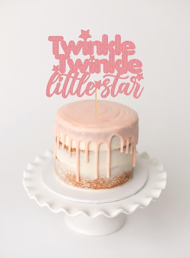 Twinkle Twinkle Little Star Cake Topper - Glitter Pink Baby Shower Party Cake Decoration, Perfect for Gender Reveal Party, 1st birthday Party or Photo Booth Props (Pink)