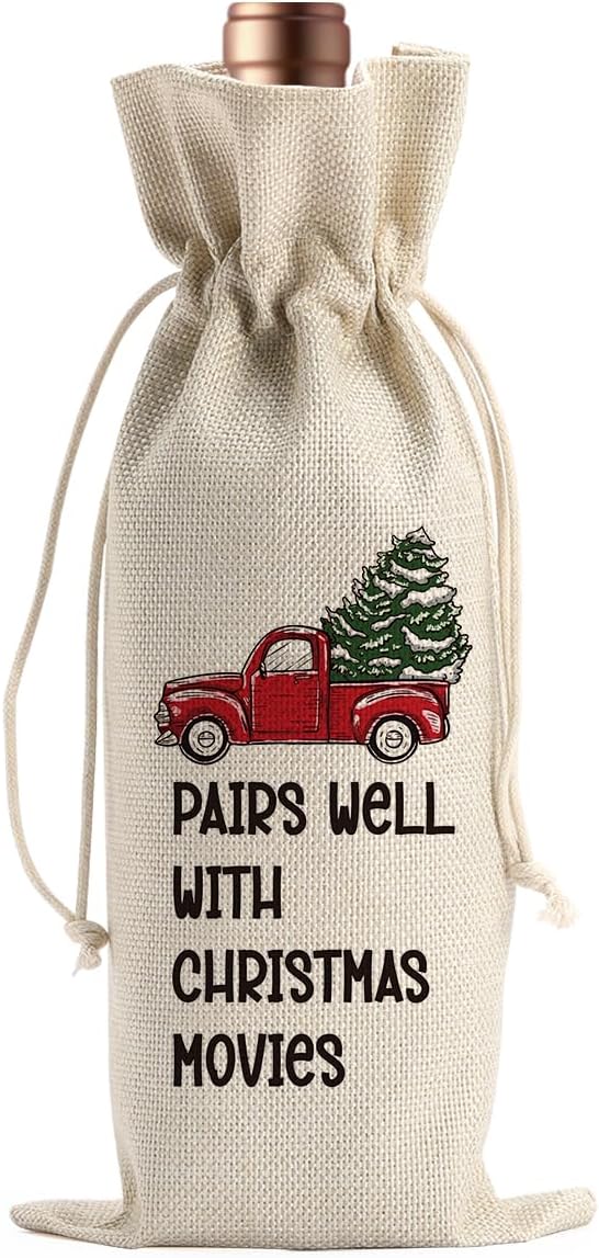 Funny Christmas Wine Bags for Wine Bottles Gifts Christmas Wine Bottle Cover Drawstring Gift Bags Pairs Well with Christmas Movies Burlap Wine Bag for Xmas Holiday Housewarming Party Decorations