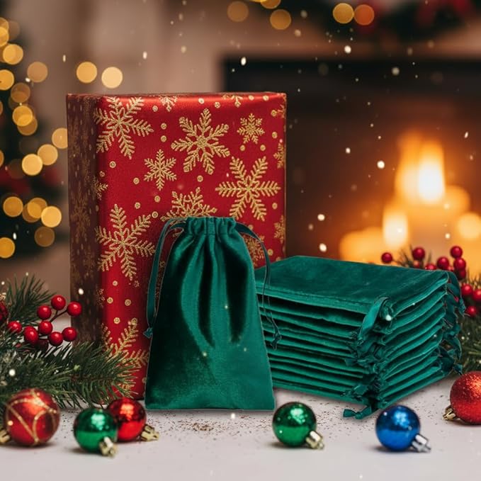 QIANF 12pcs Hunter Green Velvet Drawstring Bags 4x6 inches Velvet Cloth Small Gift Bags Jewelry Pouches for Storage Wedding Party Favor Christmas