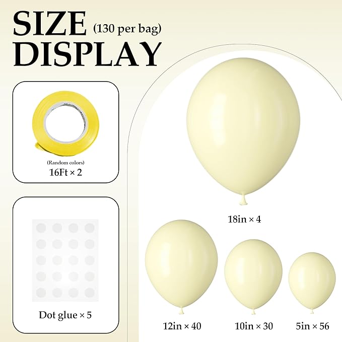 130PCS PastelYellow Balloons, Latex Balloon Different Sizes 18/12/10/5 In, Helium Balloons with Ribbon, Party Balloon Set for Birthday Wedding Graduation Anniversary Baby Shower Decoration
