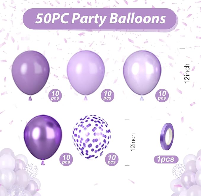 Purple Balloons, 50pcs Metallic Purple Balloons, Pearl Light Purple Retro Balloon, Purple Confetti Balloon for Girl Woman Birthday Party Baby Shower Gender Reveal Wedding Bridal Shower Decoration
