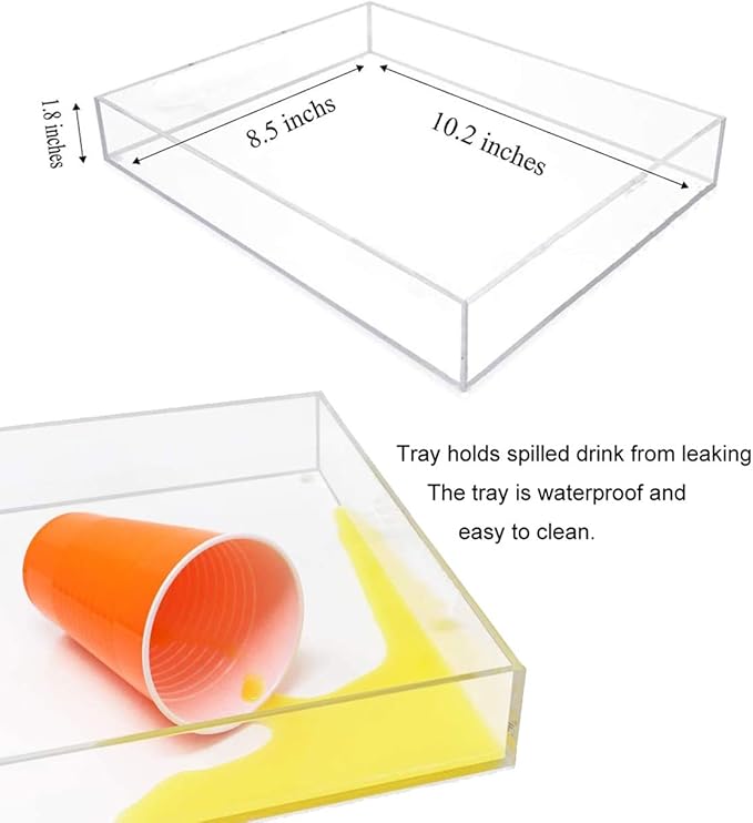 Waterproof Acrylic Serving Tray, Sturdy Thick Nightstand Dresser or Bathroom Vanity Tray Organizer for Change, Coin, Key, Phone, Glasses, Clear Acrylic Storage Valet Organizer