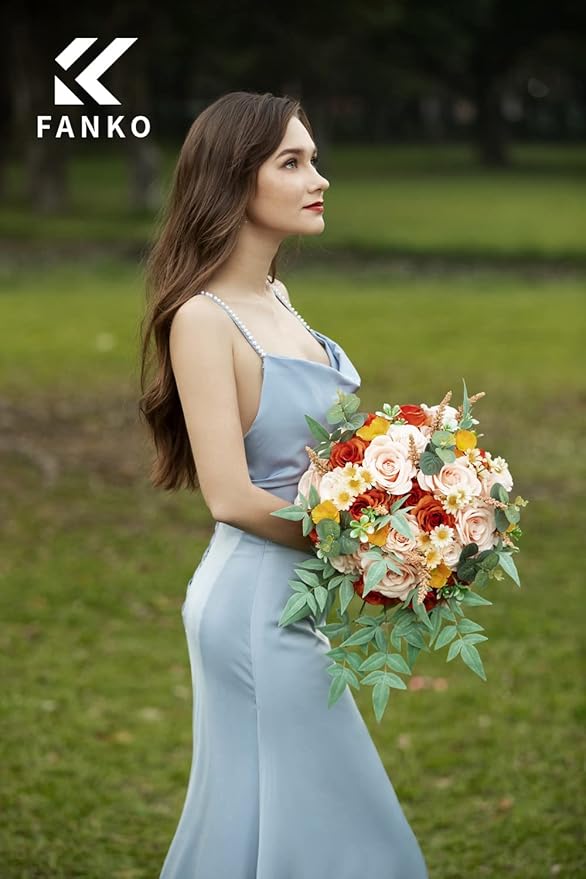 FANKO Rose Artificial Flowers Combo for DIY, Fake Orange Rose Silk Flowers Greenery, Faux Flowers for Wedding Bridal Bouquet, Baby Shower, Table Centerpieces, Floral Arrangement, Party Home Decoration