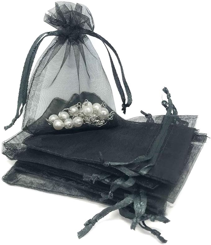 TheDisplayGuys 48-Pack 4x6 Black Sheer Organza Gift Bags with Drawstring, Goodie Bags for Jewelry, Candy Bags, Treat Bags, Wedding Favors Small Mesh Bags