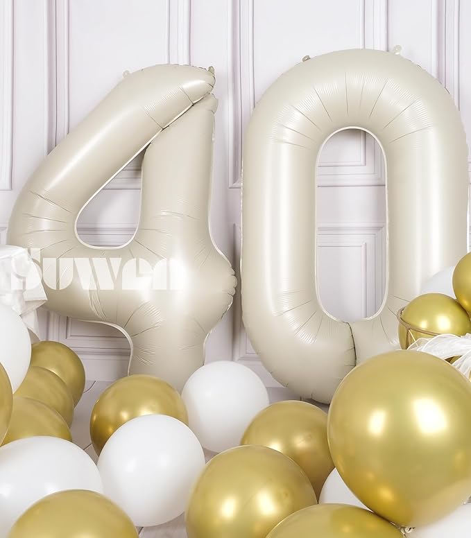 SUWEN 40 Inch Large Cream White 40 Balloon Numbers Big Foil Helium Number Balloons 0-9 Jumbo Happy 40th Mylar Birthday Party Decorations for Women or Men Anniversary Party Supplies