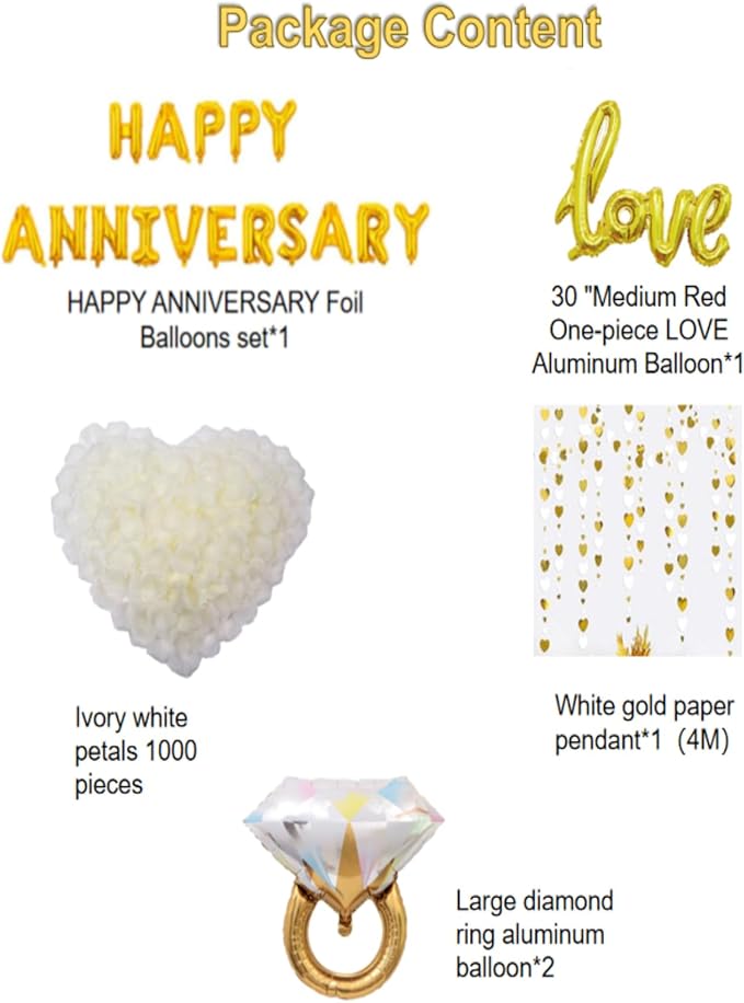 Gold and White Anniversary Decorations Valentines Day Decorations,Gold and White Valentines Day Balloons with Happy Anniversary Banner Heart Balloons Heart Rose Petals for Valentines Decorations