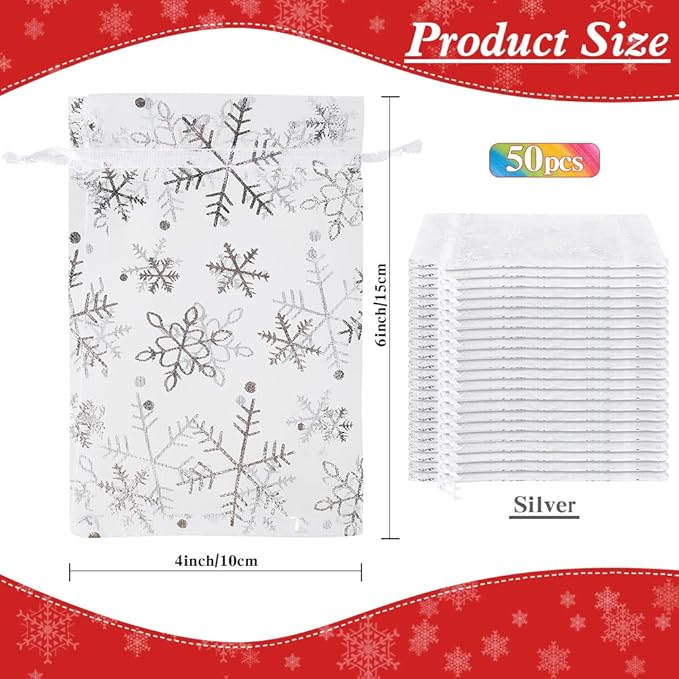 Christmas Organza Gift Bags 4x6 Silver Snowflake Mesh Bag Drawstring 50 Pcs Mesh Gift Bags Drawstring Xmas Favor Bags Jewelry Pouches Bulk Gift Pouch for Birthday Wedding Christmas Party Supplies
