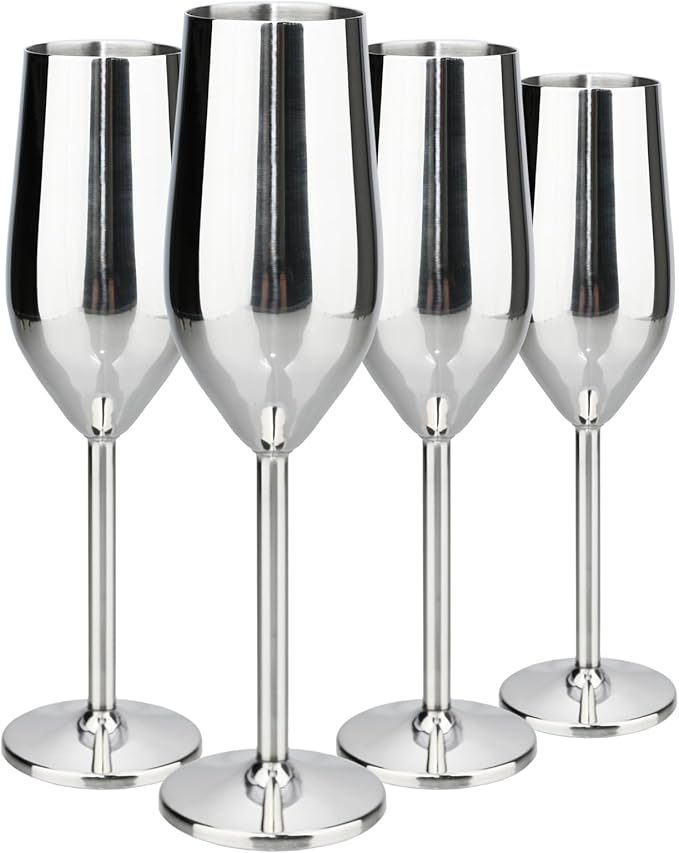 TJ Unbreakable 8 Oz Stainless Steel Champagne Flutes (4 Pack)- Silver Champagne Glasses - Reusable Indoor Outdoor Drinkware - Keeps Drink Cool for Longer - Gift Idea