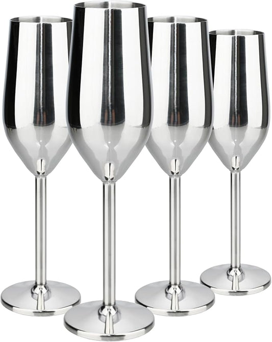 TJ Unbreakable 8 Oz Stainless Steel Champagne Flutes (4 Pack)- Silver Champagne Glasses - Reusable Indoor Outdoor Drinkware - Keeps Drink Cool for Longer - Gift Idea