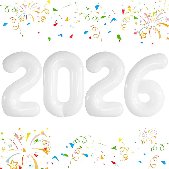 KALOR 42 Inch 2026 White Foil Mylar Number Balloons, Giant 2026 New Years Decorations for 2026 Happy New Year Eve and Graduations Party Supplies