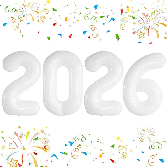 KALOR 42 Inch 2026 White Foil Mylar Number Balloons, Giant 2026 New Years Decorations for 2026 Happy New Year Eve and Graduations Party Supplies