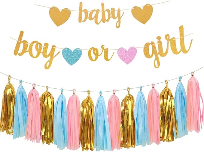 Baby Gender Reveal Decorations - Glitter Letters Baby and Boy or Girl with Hearts Banner, Tissue Paper Tassels Garland Set for Gender Reveal Party Decorations